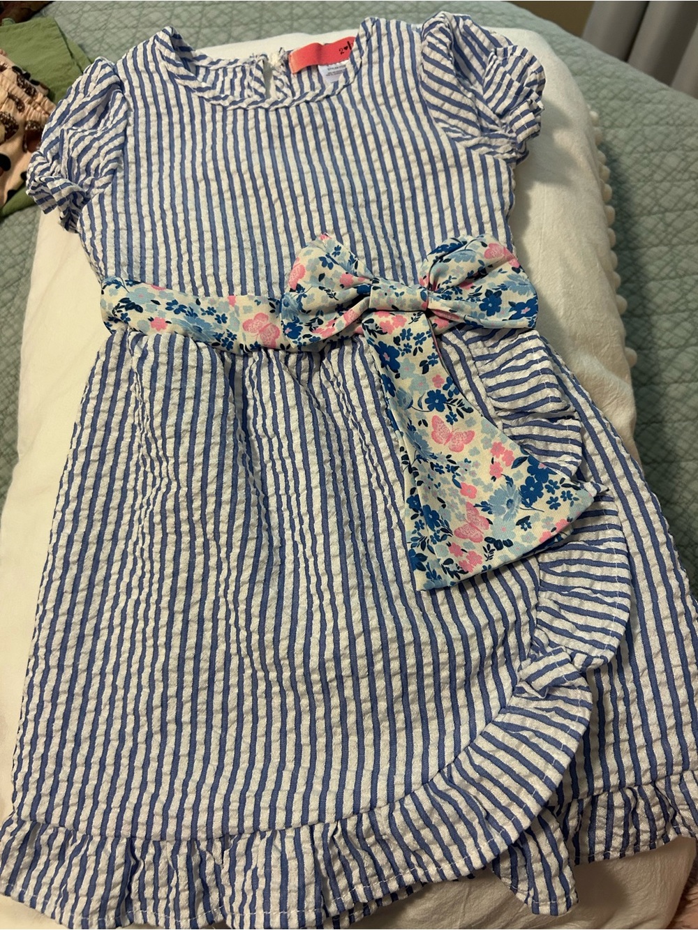 Girls' Blue & White Striped Dress with Floral Waist Bow 3T